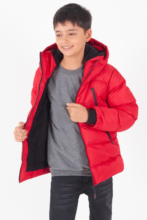 Erkek Çocuk Mont Siyah Fermuarlı Kapüşonlu Şişme Mont 14536