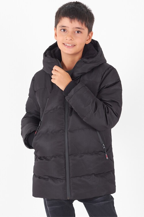 Erkek Çocuk Mont Siyah Fermuarlı Kapüşonlu Şişme Mont 14536
