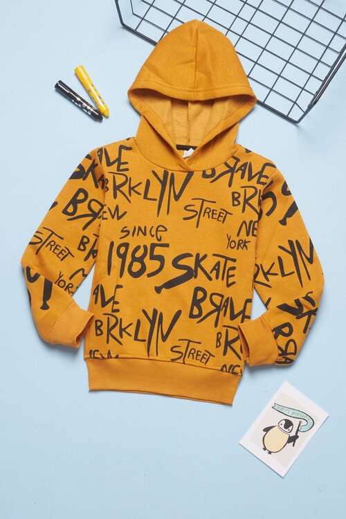 Erkek Çocuk Yazı Baskılı Kapşonlu Sweatshirt 14561