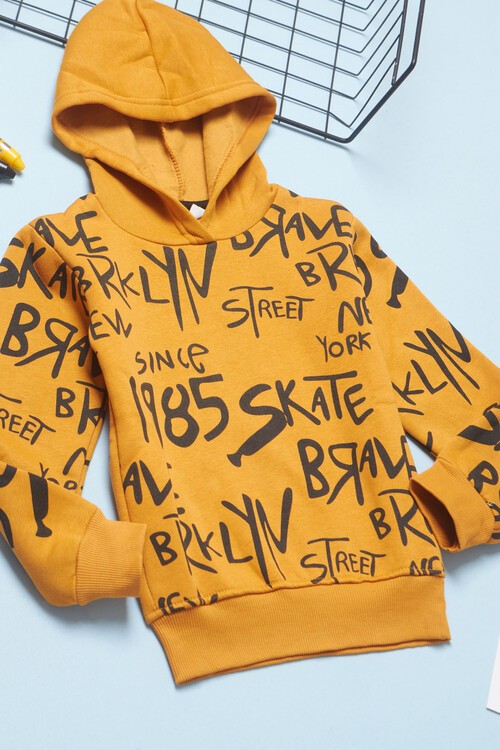 Erkek Çocuk Yazı Baskılı Kapşonlu Sweatshirt 14561