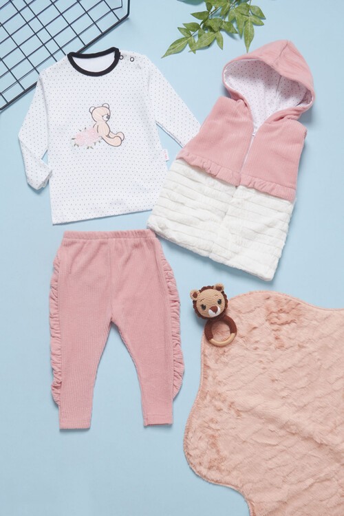 Kız Bebek Ayıcık Nakışlı Peluş Yelekli 3lü Eşofman Takımı 14579