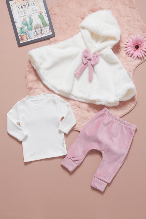 Kız Bebek Peluş Pelerinli 3lü Eşofman Takımı 14591