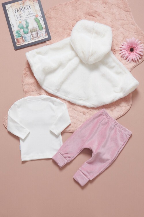 Kız Bebek Peluş Pelerinli 3lü Eşofman Takımı 14591