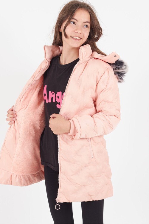 Kız Çocuk Mont Baskılı Kapüşonlu Şişme Mont 14531