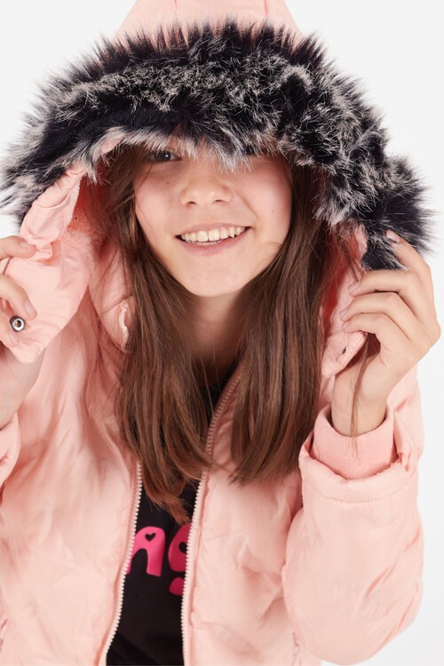 Kız Çocuk Mont Baskılı Kapüşonlu Şişme Mont 14531