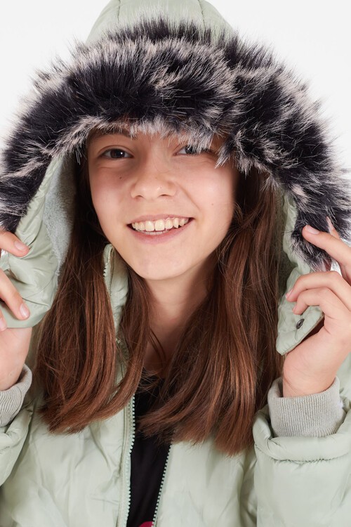 Kız Çocuk Mont Baskılı Kapüşonlu Şişme Mont 14531