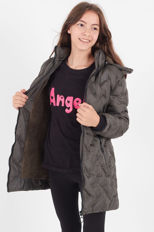 Kız Çocuk Mont Baskılı Kapüşonlu Şişme Mont 14531