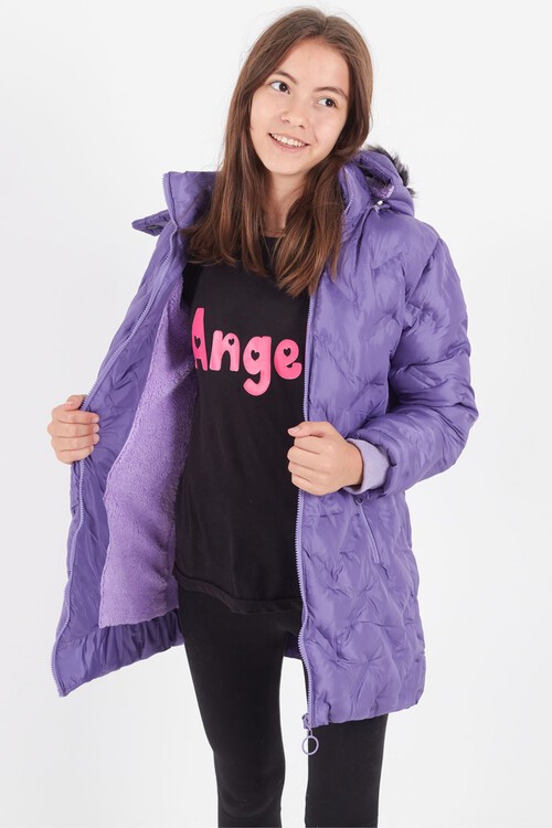 Kız Çocuk Mont Baskılı Kapüşonlu Şişme Mont 14531