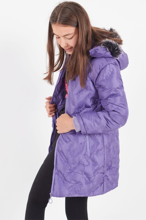 Kız Çocuk Mont Baskılı Kapüşonlu Şişme Mont 14531