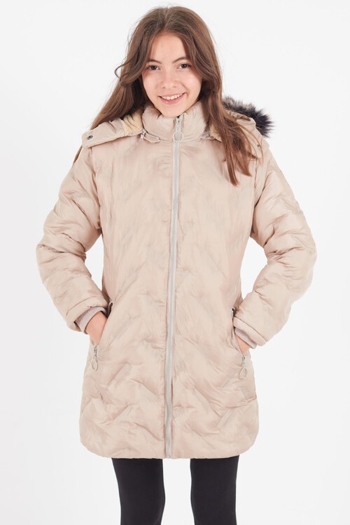 Kız Çocuk Mont Baskılı Kapüşonlu Şişme Mont 14531