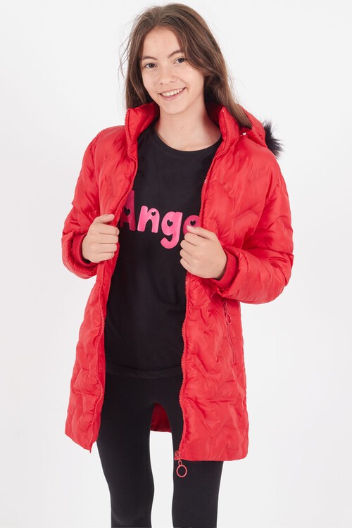 Kız Çocuk Mont Baskılı Kapüşonlu Şişme Mont 14531