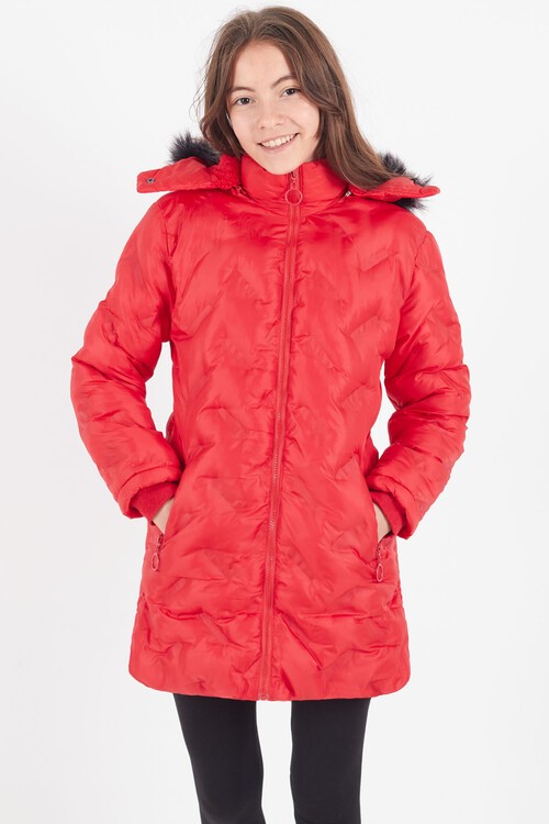 Kız Çocuk Mont Baskılı Kapüşonlu Şişme Mont 14531