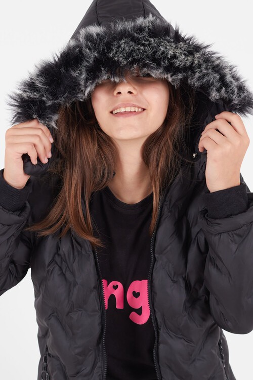 Kız Çocuk Mont Baskılı Kapüşonlu Şişme Mont 14531