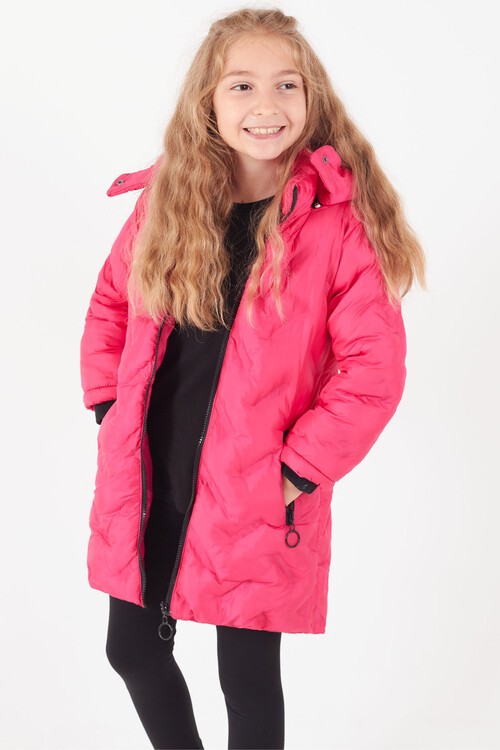 Kız Çocuk Mont Baskılı Kapüşonlu Şişme Mont 14531