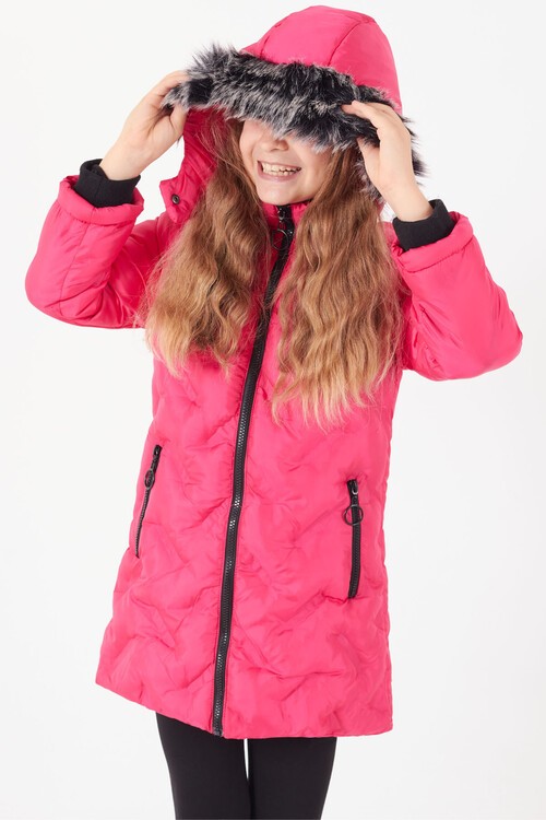 Kız Çocuk Mont Baskılı Kapüşonlu Şişme Mont 14531