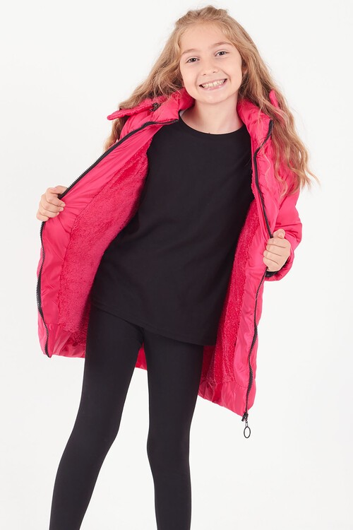 Kız Çocuk Mont Baskılı Kapüşonlu Şişme Mont 14531