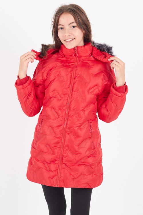 Kız Çocuk Mont Baskılı Kapüşonlu Şişme Mont 14531