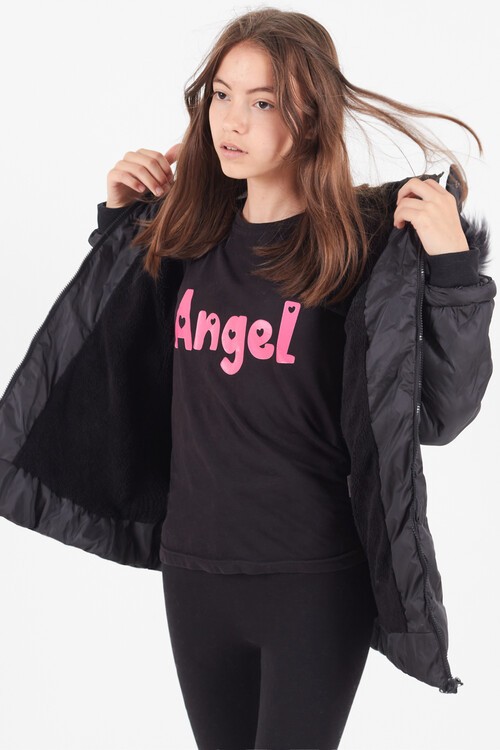 Kız Çocuk Mont Baskılı Kapüşonlu Şişme Mont 14531