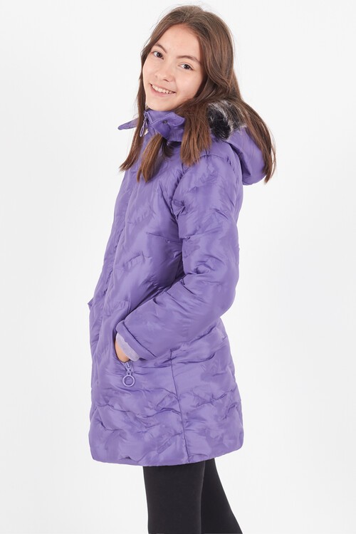 Kız Çocuk Mont Baskılı Kapüşonlu Şişme Mont 14531