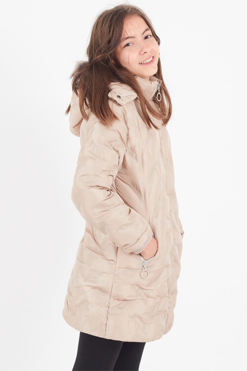 Kız Çocuk Mont Baskılı Kapüşonlu Şişme Mont 14531