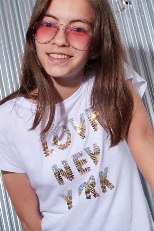 Kız Çocuk Beyaz 8-15 Yaş Love NY Pullu Yazılı T-Shirt 6592