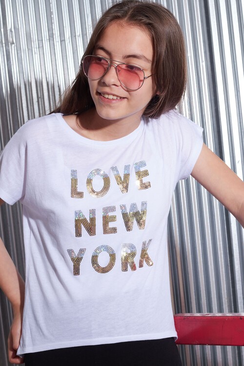 Kız Çocuk Beyaz 8-15 Yaş Love NY Pullu Yazılı T-Shirt 6592