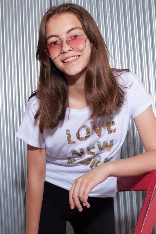 Kız Çocuk Beyaz 8-15 Yaş Love NY Pullu Yazılı T-Shirt 6592