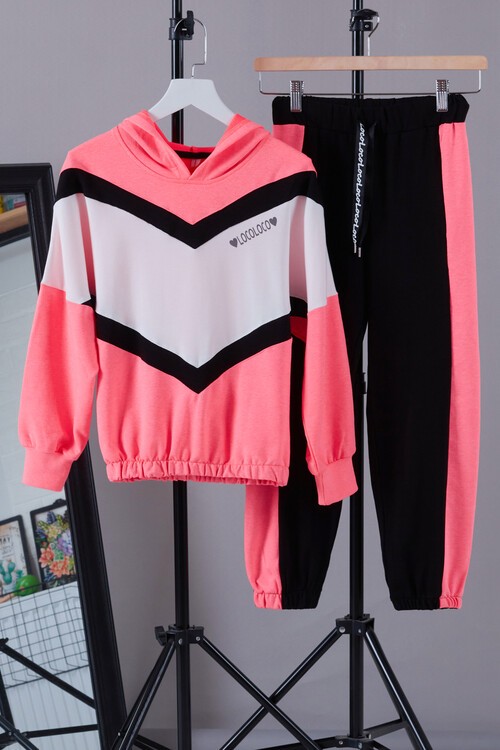 Kız Çocuk Bloklu Kapşonlu Eşofman Takım 14184