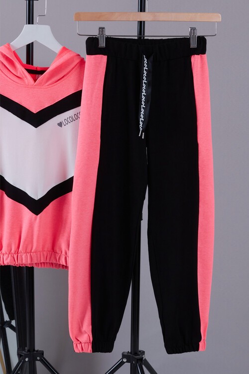 Kız Çocuk Bloklu Kapşonlu Eşofman Takım 14184