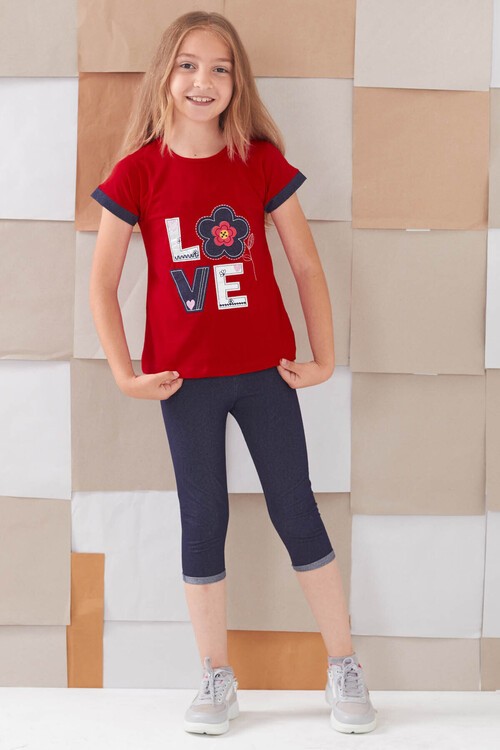 Kız Çocuk Çiçek Nakışlı Kaprili Takım 2-9 Yaş 13938