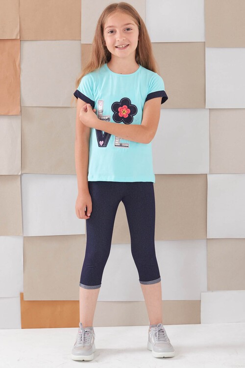 Kız Çocuk Çiçek Nakışlı Kaprili Takım 2-9 Yaş 13938