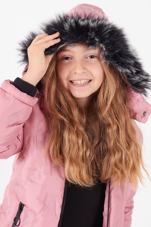 Kız Çocuk Mont Daire Desenli Kapüşonlu Şişme Mont 14575