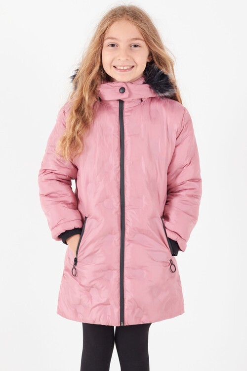 Kız Çocuk Mont Daire Desenli Kapüşonlu Şişme Mont 14575