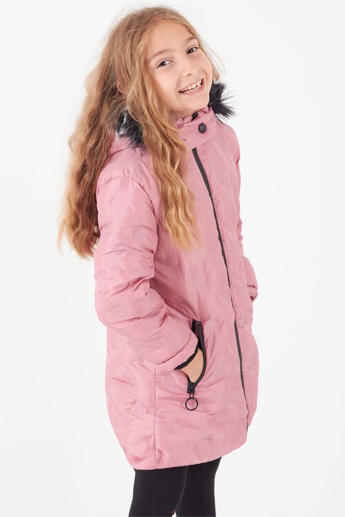 Kız Çocuk Mont Daire Desenli Kapüşonlu Şişme Mont 14575