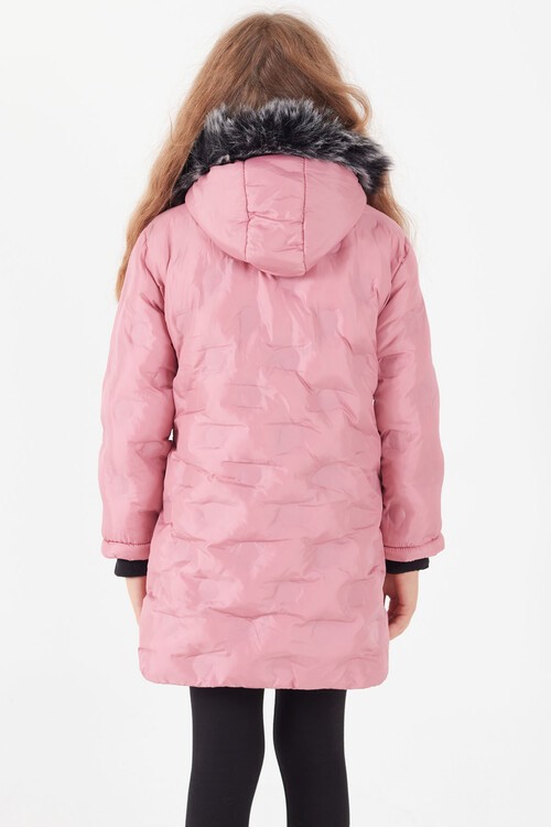 Kız Çocuk Mont Daire Desenli Kapüşonlu Şişme Mont 14575