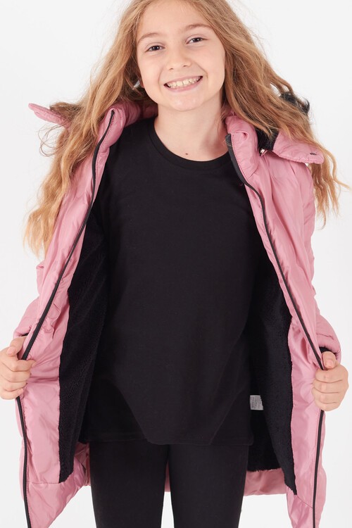 Kız Çocuk Mont Daire Desenli Kapüşonlu Şişme Mont 14575