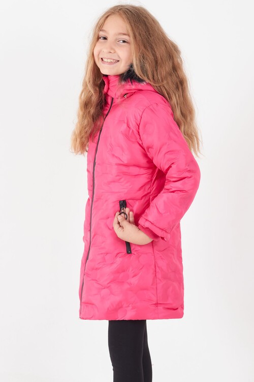 Kız Çocuk Mont Daire Desenli Kapüşonlu Şişme Mont 14575