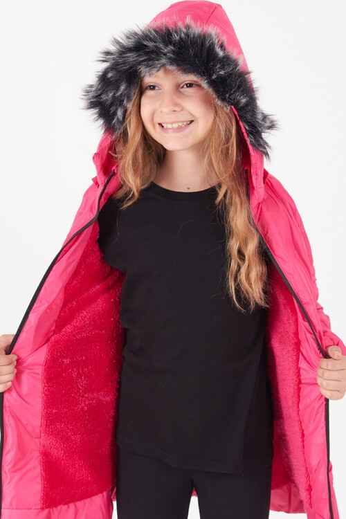 Kız Çocuk Mont Daire Desenli Kapüşonlu Şişme Mont 14575