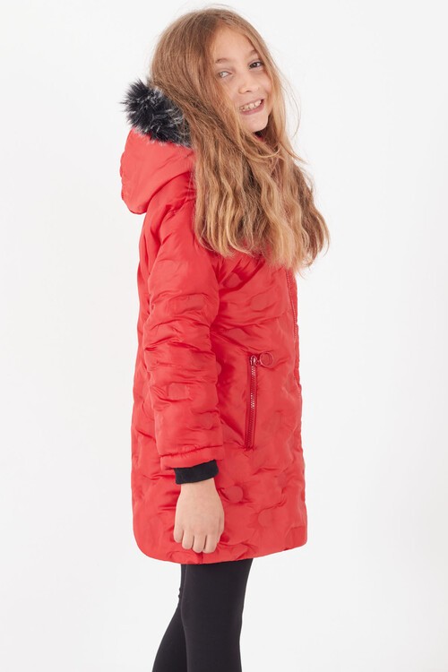 Kız Çocuk Mont Daire Desenli Kapüşonlu Şişme Mont 14575