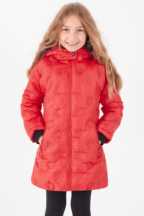 Kız Çocuk Mont Daire Desenli Kapüşonlu Şişme Mont 14575