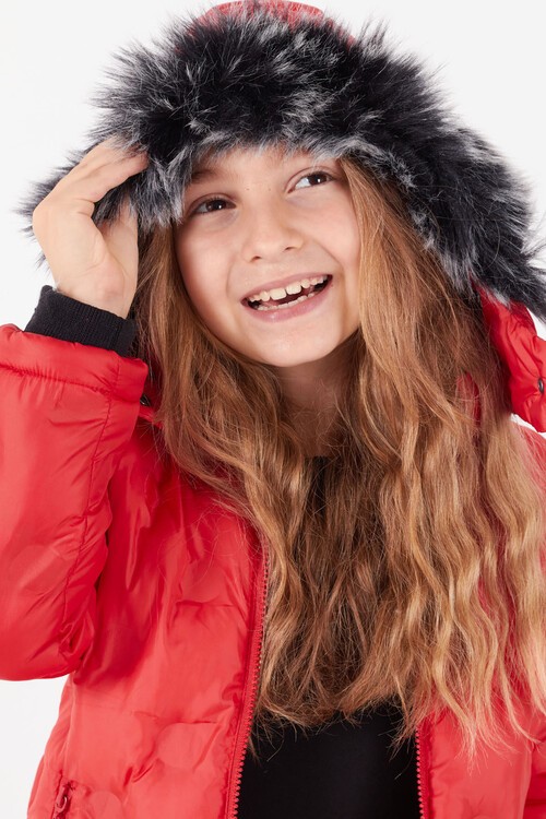 Kız Çocuk Mont Daire Desenli Kapüşonlu Şişme Mont 14575