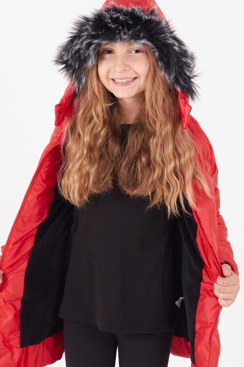 Kız Çocuk Mont Daire Desenli Kapüşonlu Şişme Mont 14575