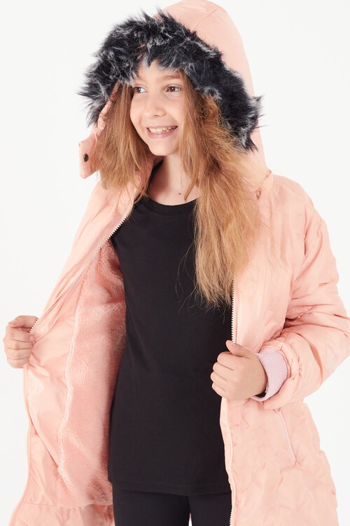 Kız Çocuk Mont Daire Desenli Kapüşonlu Şişme Mont 14575