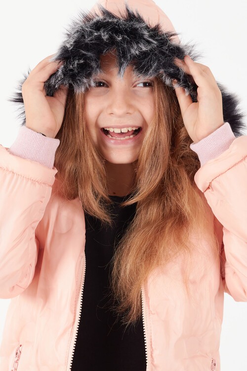 Kız Çocuk Mont Daire Desenli Kapüşonlu Şişme Mont 14575