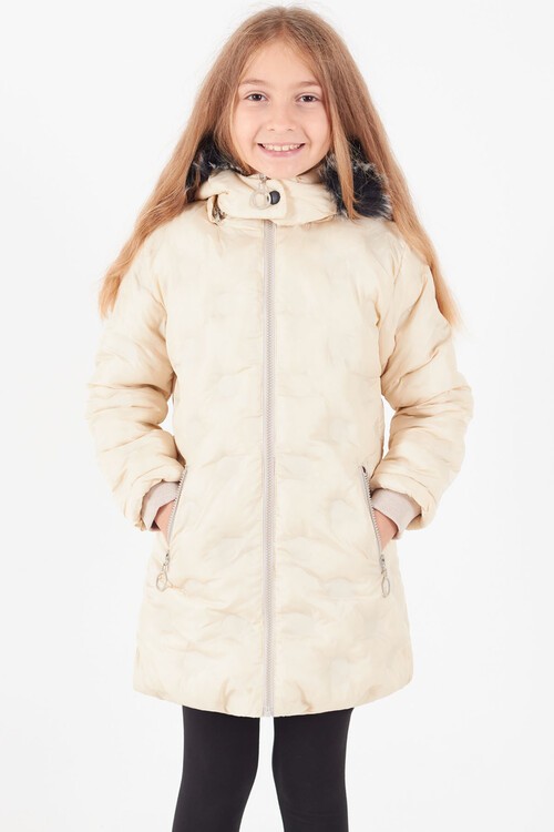 Kız Çocuk Mont Daire Desenli Kapüşonlu Şişme Mont 14575