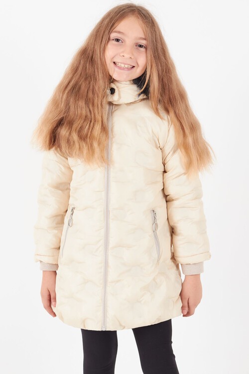 Kız Çocuk Mont Daire Desenli Kapüşonlu Şişme Mont 14575