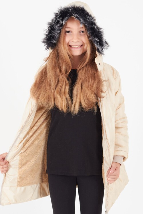 Kız Çocuk Mont Daire Desenli Kapüşonlu Şişme Mont 14575