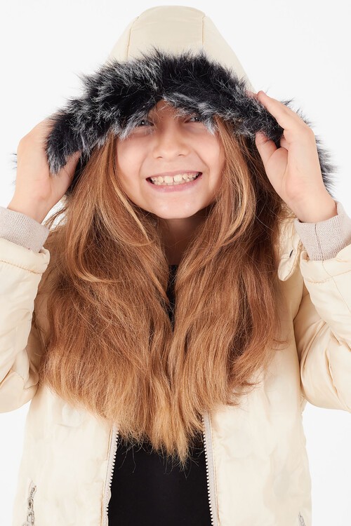 Kız Çocuk Mont Daire Desenli Kapüşonlu Şişme Mont 14575