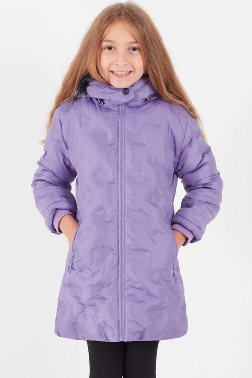 Kız Çocuk Mont Daire Desenli Kapüşonlu Şişme Mont 14575