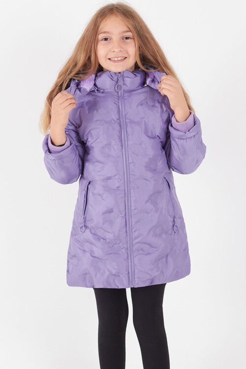 Kız Çocuk Mont Daire Desenli Kapüşonlu Şişme Mont 14575